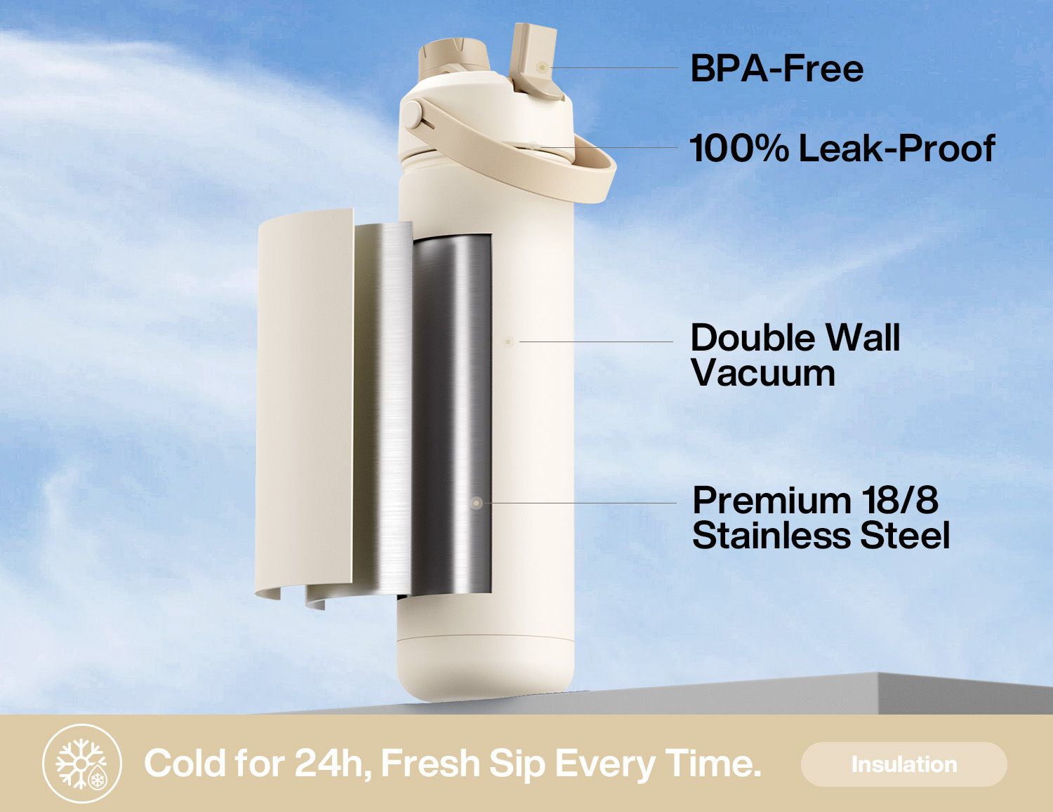 26 oz Insulated Water Bottle with 2-in-1 Straw and Spout Lid Mousse
