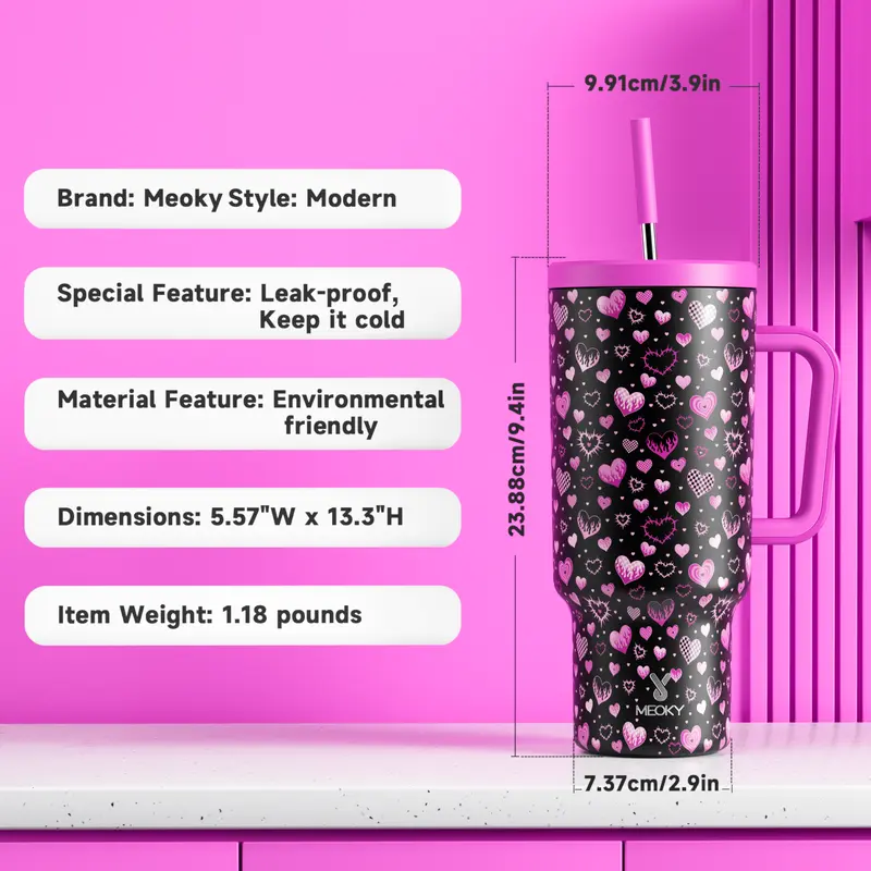 MEOKY 40oz Printed Stainless Steel Insulated Tumbler with Handle and Straw