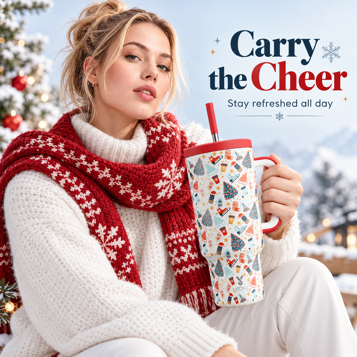MEOKY 40oz Christmas Tumbler with Handle & Straw – Stainless Steel Insulated Travel Cup, Leak-Proof Lid, Festive Holiday Print
