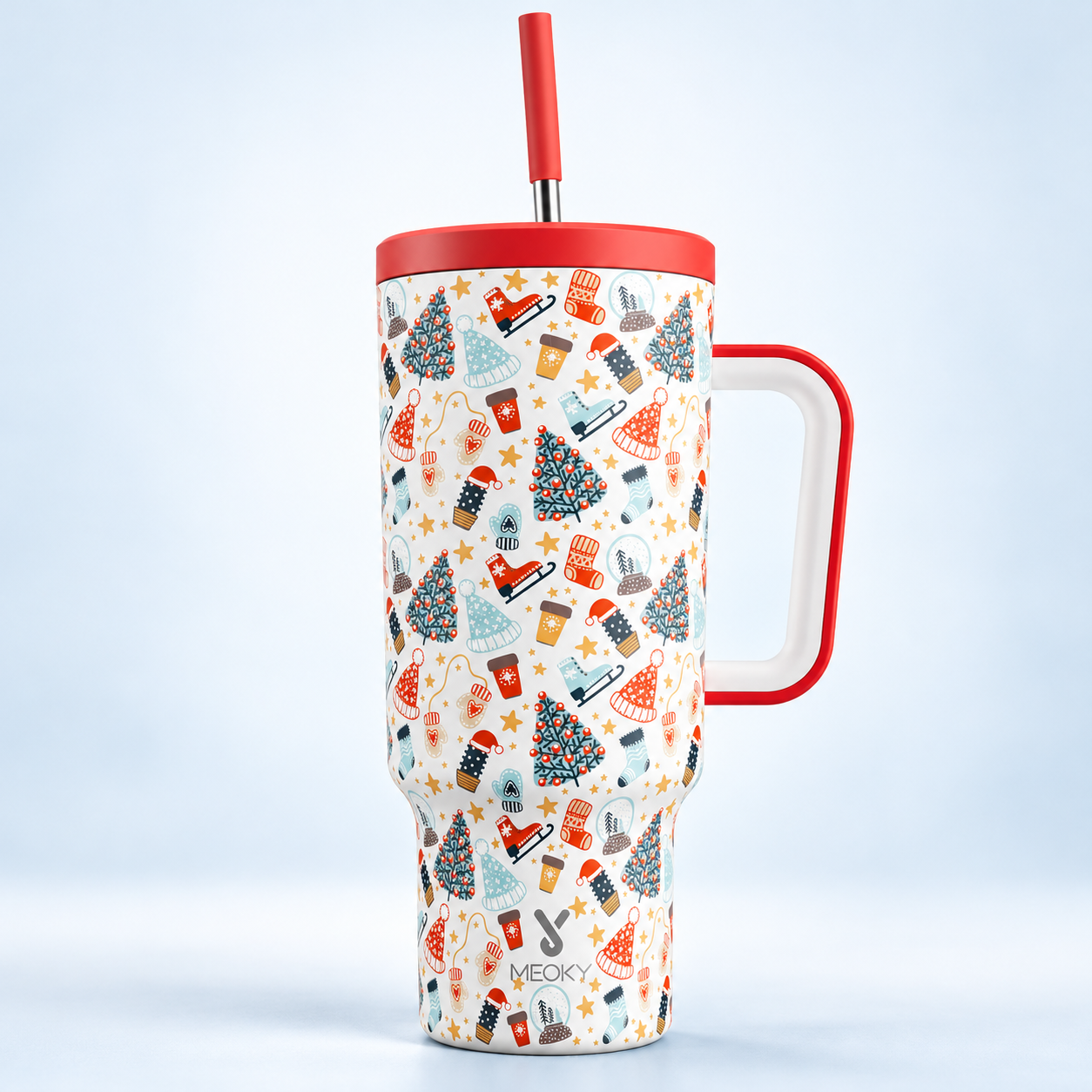 MEOKY 40oz Christmas Tumbler with Handle & Straw – Stainless Steel Insulated Travel Cup, Leak-Proof Lid, Festive Holiday Print