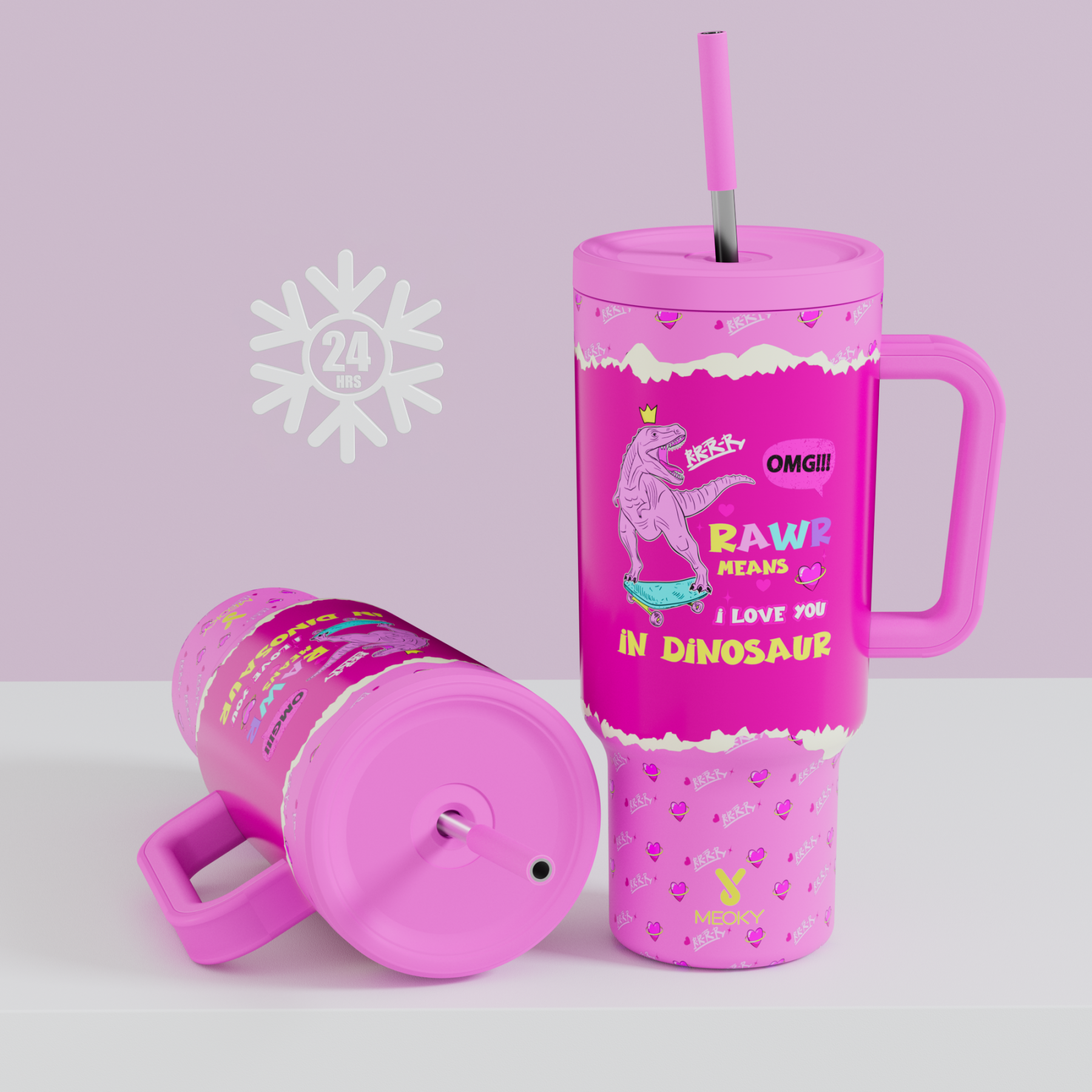 40oz Tumbler With Straw Customized - Custom Valentine's Day - "Rawr Means I Love You in Dinosaur"