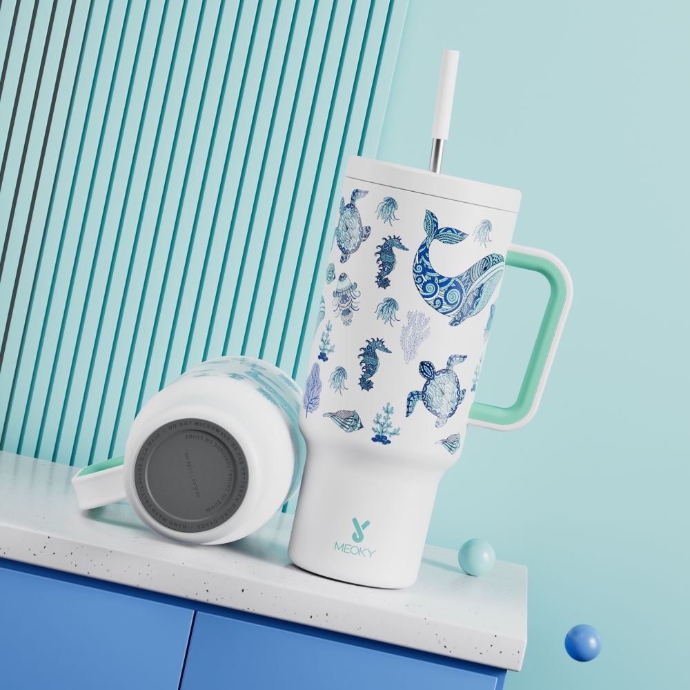 40oz Tumbler With Straw Halloween Special Edition-White Marine Animal - Luminous