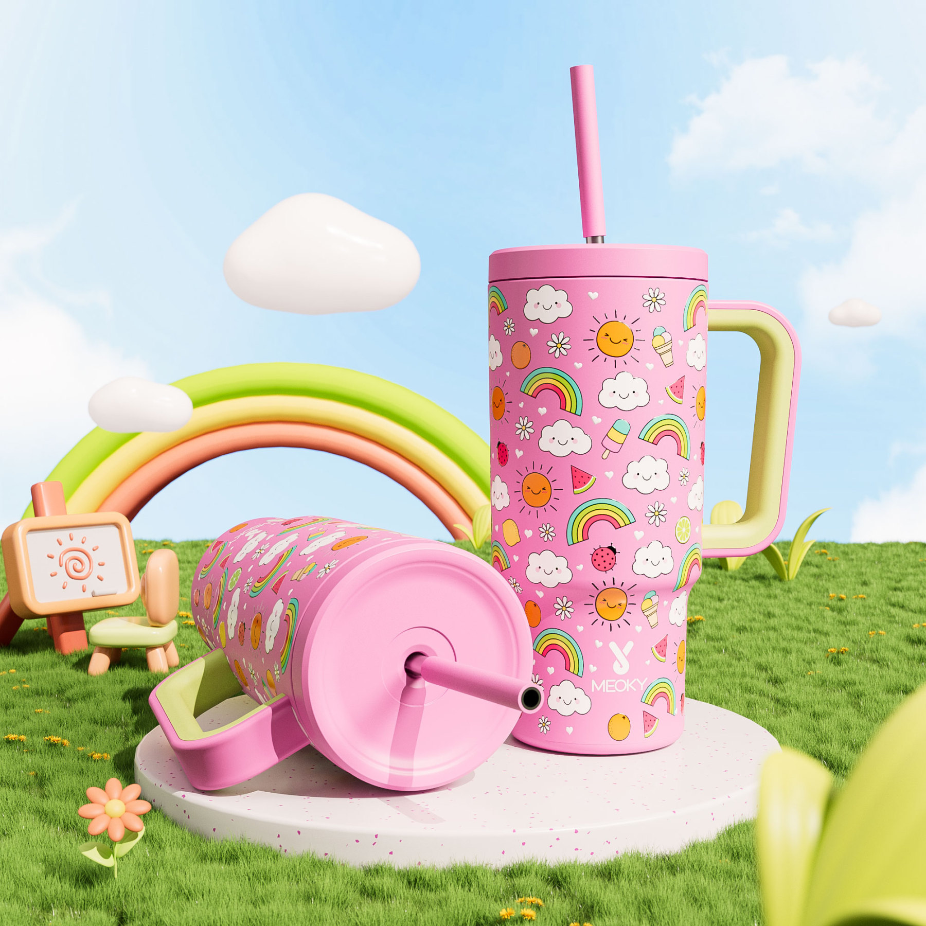 24oz tumbler straw fantasy pink white clouds