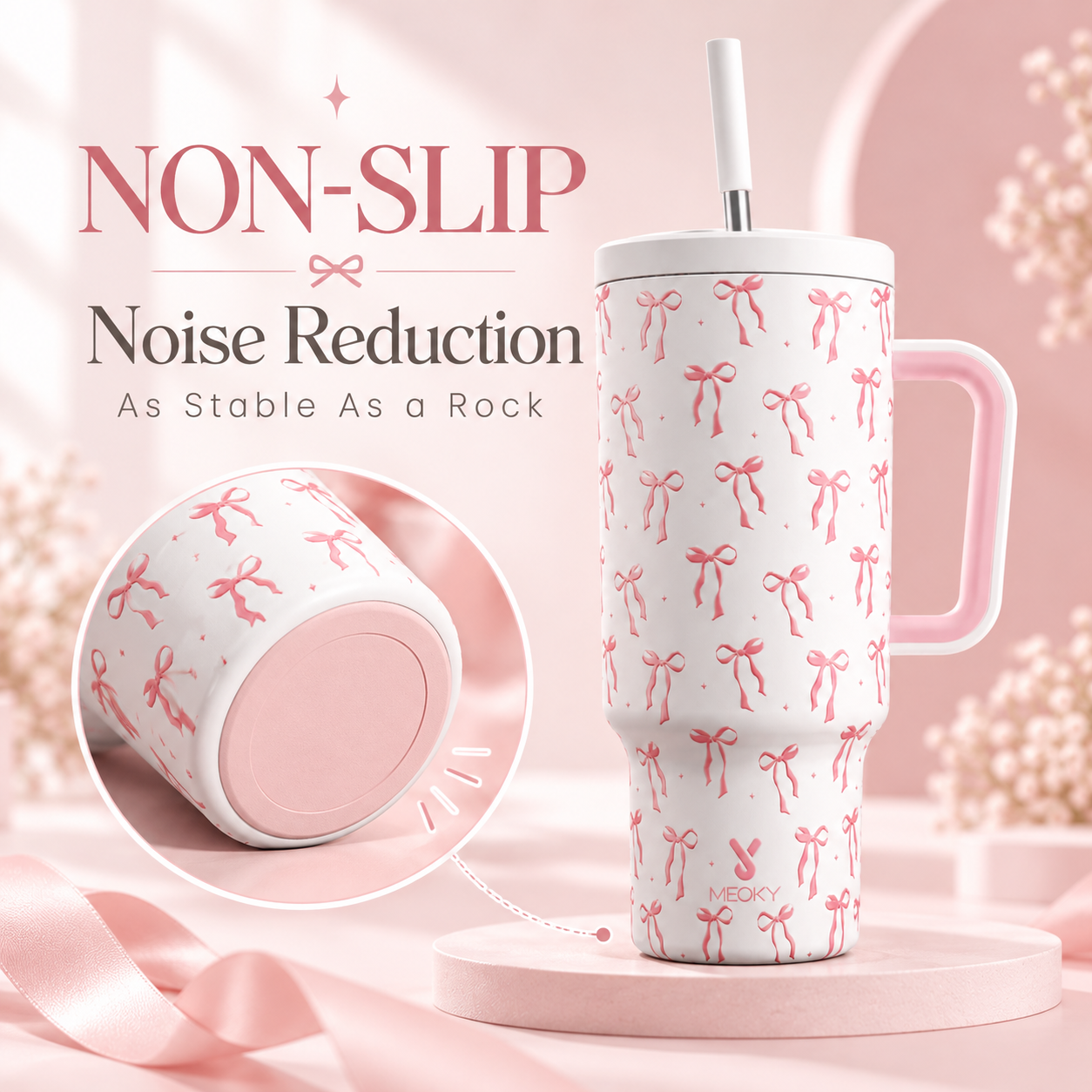 Meoky 40oz Pink Bow Print Insulated Tumbler with Handle & Straw