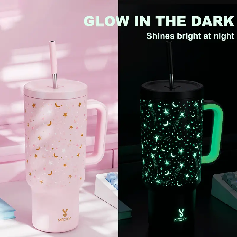 MEOKY 40oz Glow-in-the-Dark Star Print Blush Pink Leakproof Tumbler with Handle