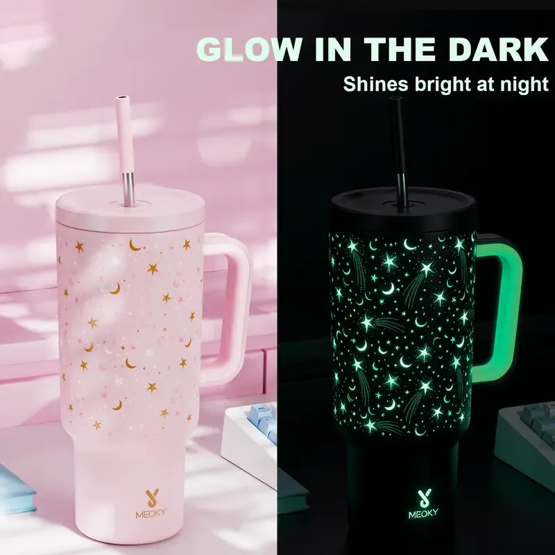 MEOKY 40oz Glow-in-the-Dark Star Print Blush Pink Leakproof Tumbler with Handle