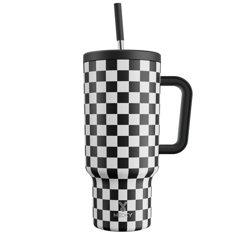Meoky 40oz (1L) Black White Checkered Printed Stainless Steel Vacuum Flask