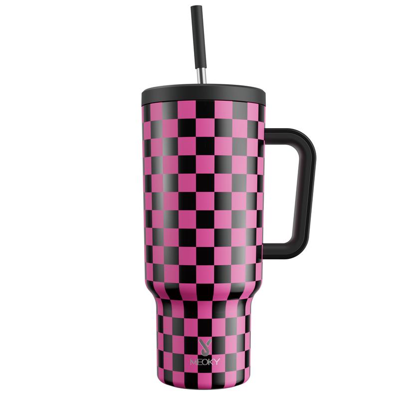 Meoky 40oz (1L) Black White Checkered Printed Stainless Steel Vacuum Flask