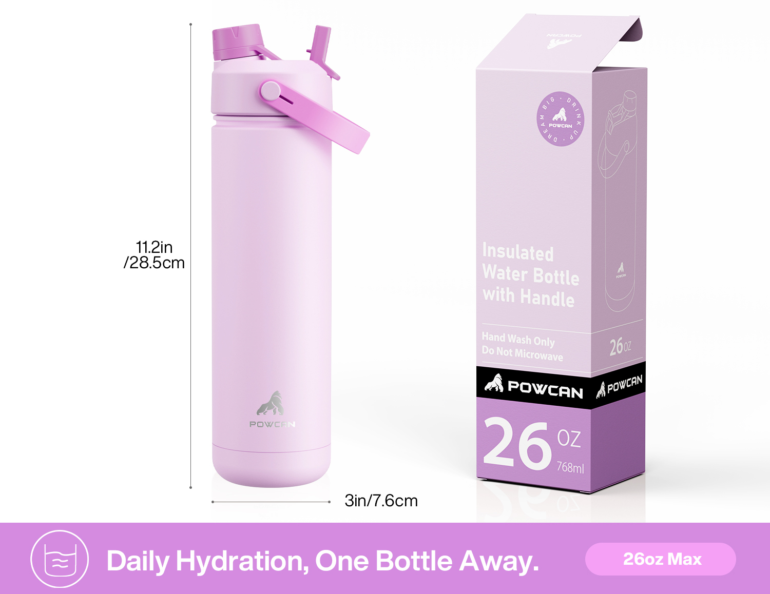 26oz Insulated Water Bottle with 2-in-1 Straw and Spout Lid Pure Collection, Keep Cold 24H, Leak-Proof