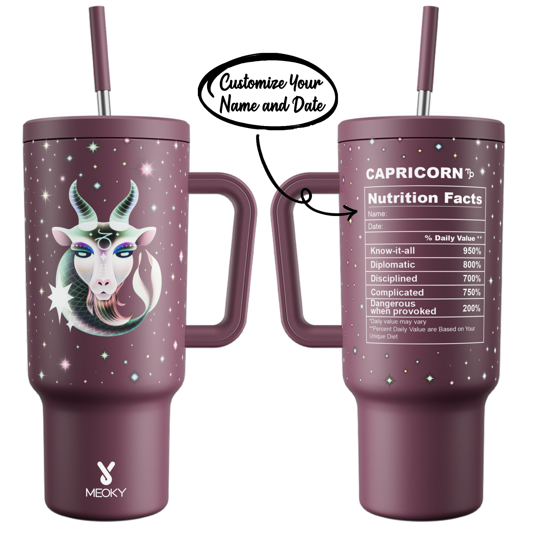 40oz Tumbler With Straw Customized - Zodiac Signs - Custom ID Card - Birthday gifts for yourself, friends, family and lover