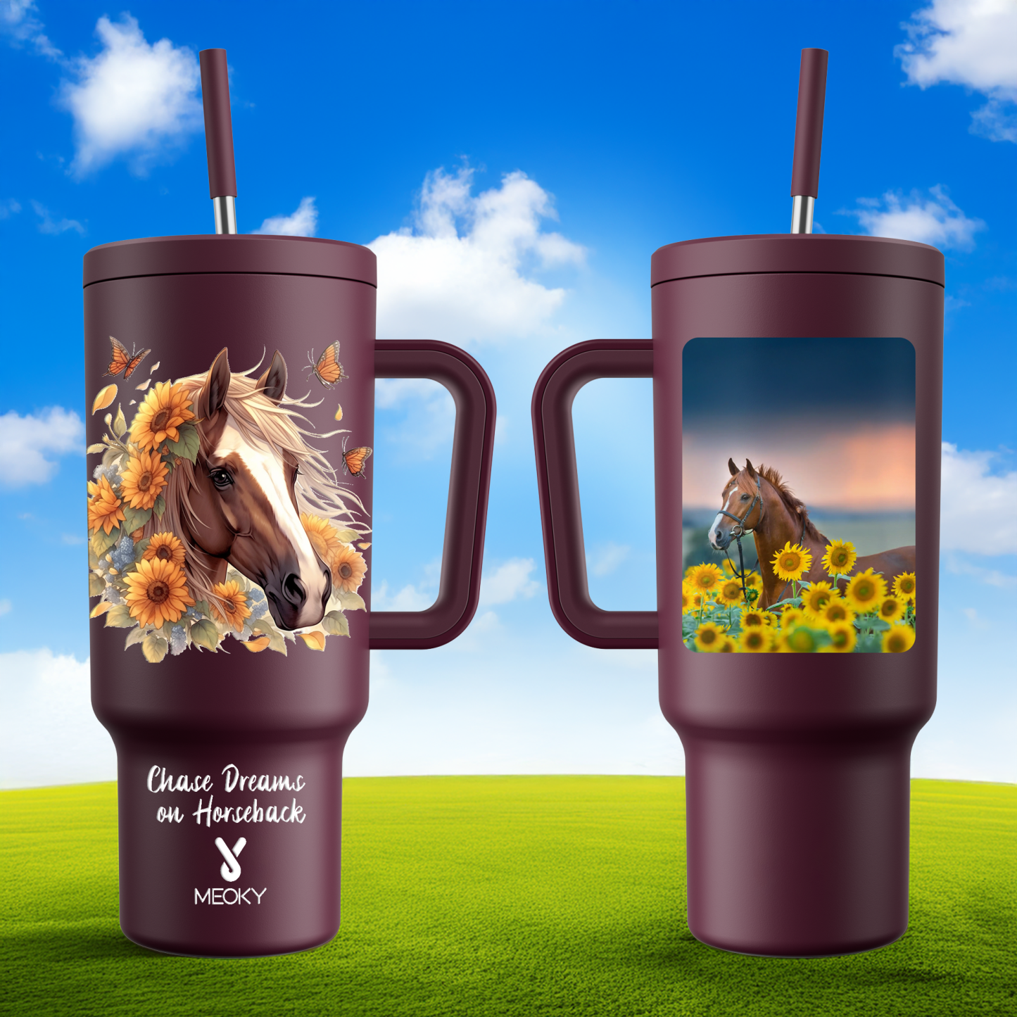 Horse and Flower- Customized 40oz Tumbler With Straw