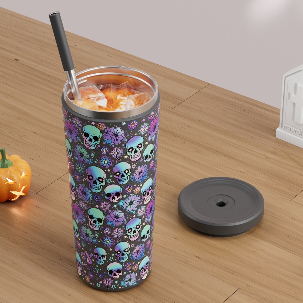 24oz cold cup 2 in 1 lid halloween black skull straw