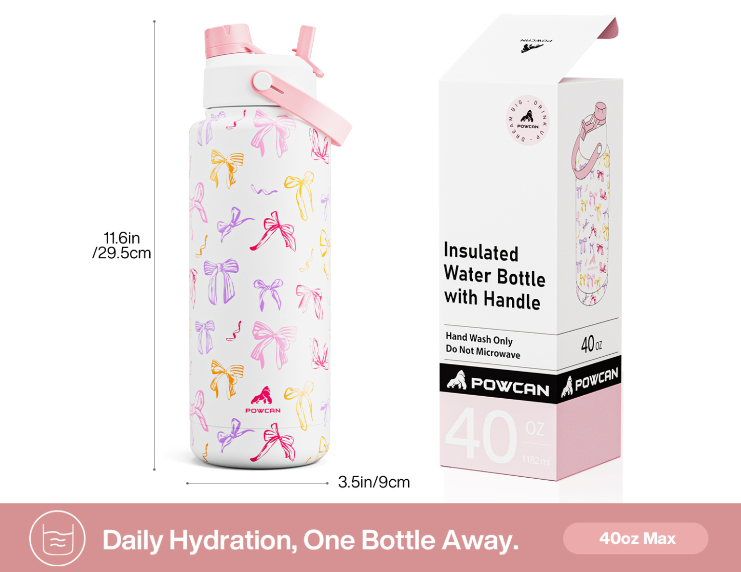 40 oz Insulated Water Bottle with 2-in-1 Straw and Spout Lid Ribbon Whimsy
