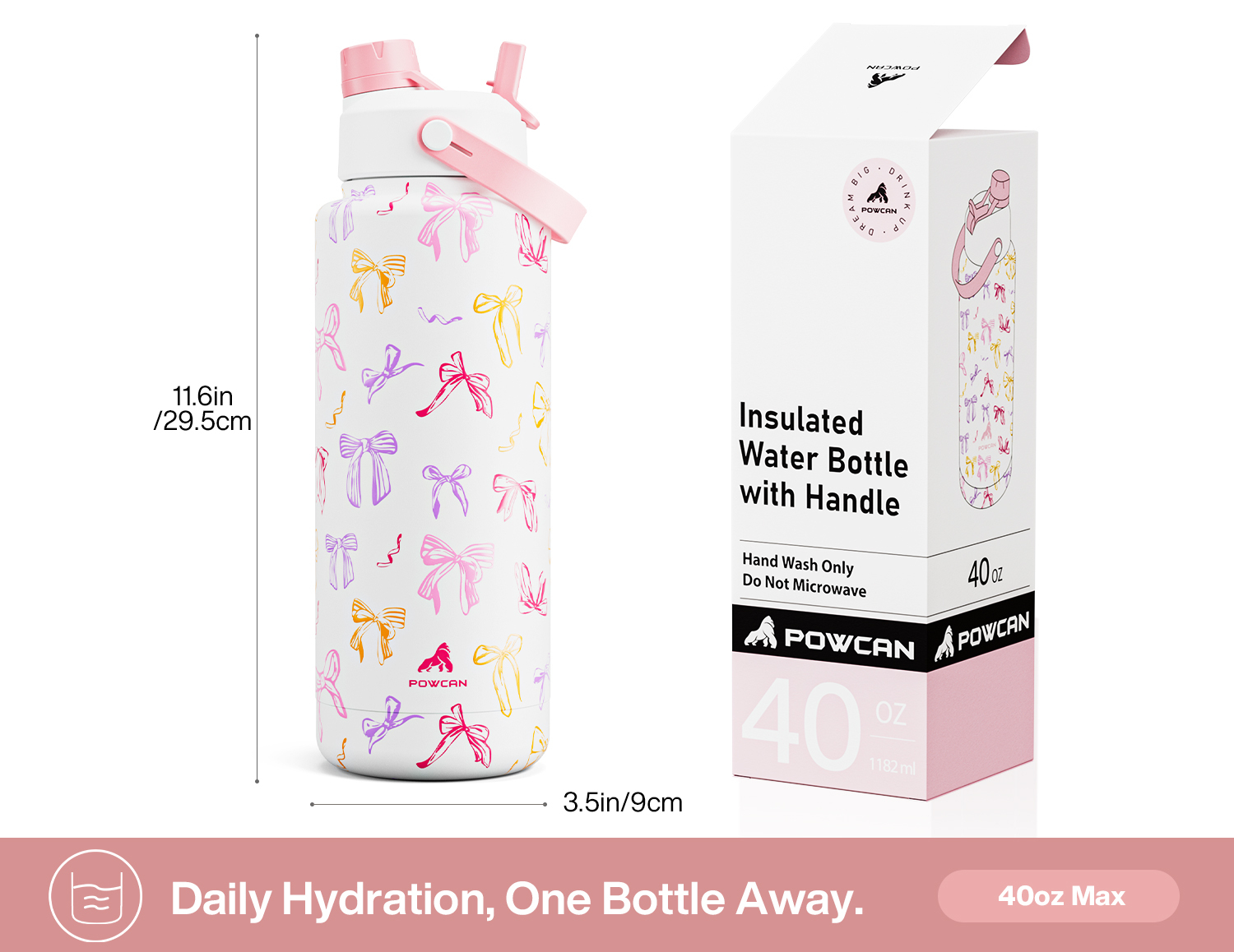 40 oz Insulated Water Bottle with 2-in-1 Straw and Spout Lid Ribbon Whimsy