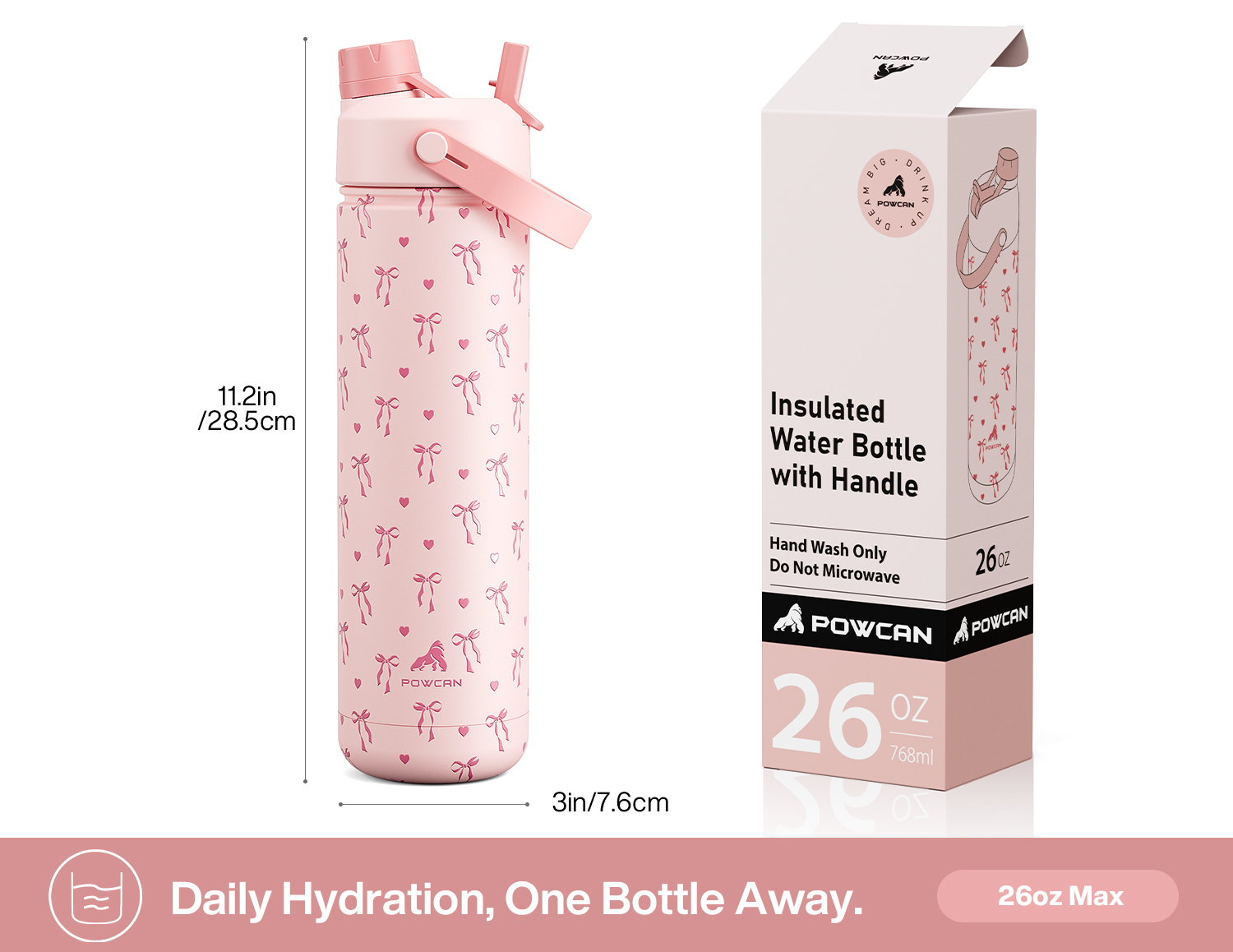 26 oz Insulated Water Bottle with 2-in-1 Straw and Spout Lid Sweetheart Bow