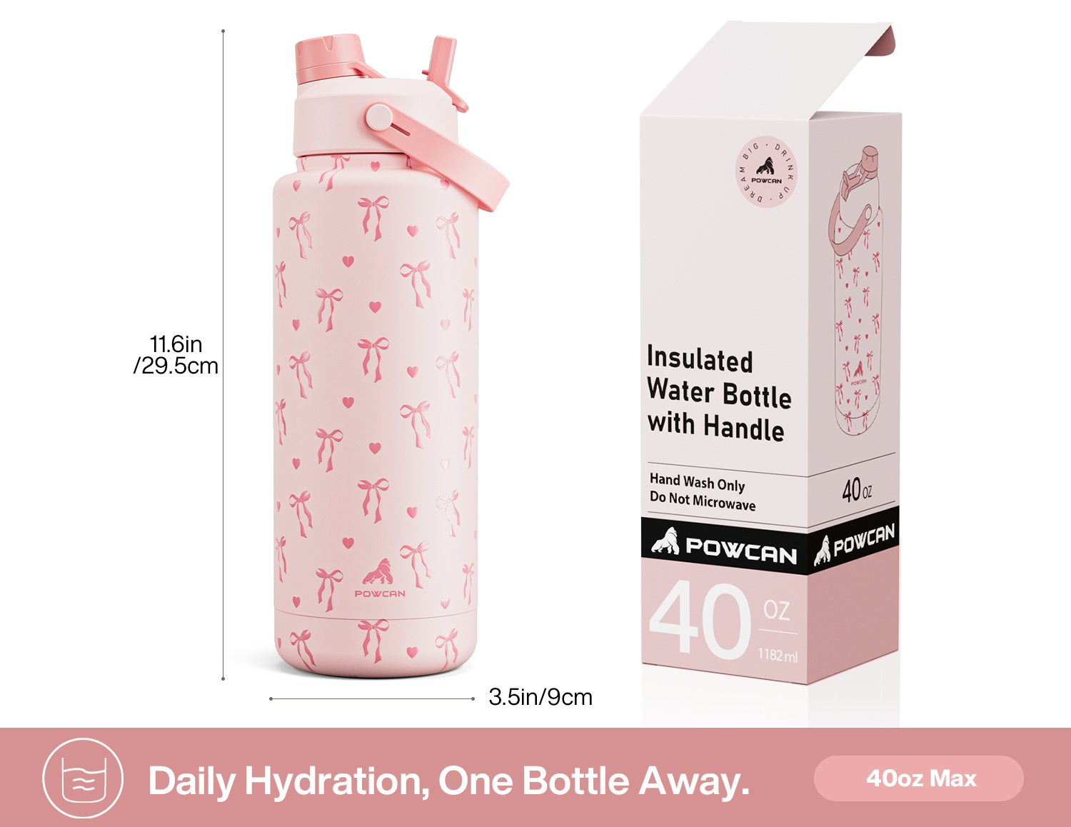 40 oz Insulated Water Bottle with 2-in-1 Straw and Spout Lid Sweetheart Bow