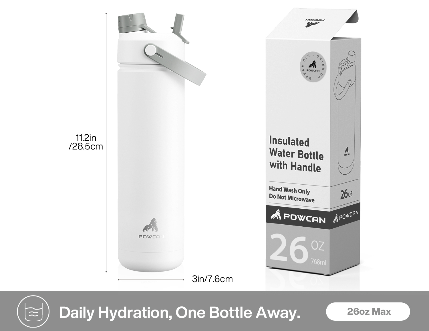 26 oz Insulated Water Bottle with 2-in-1 Straw and Spout Lid