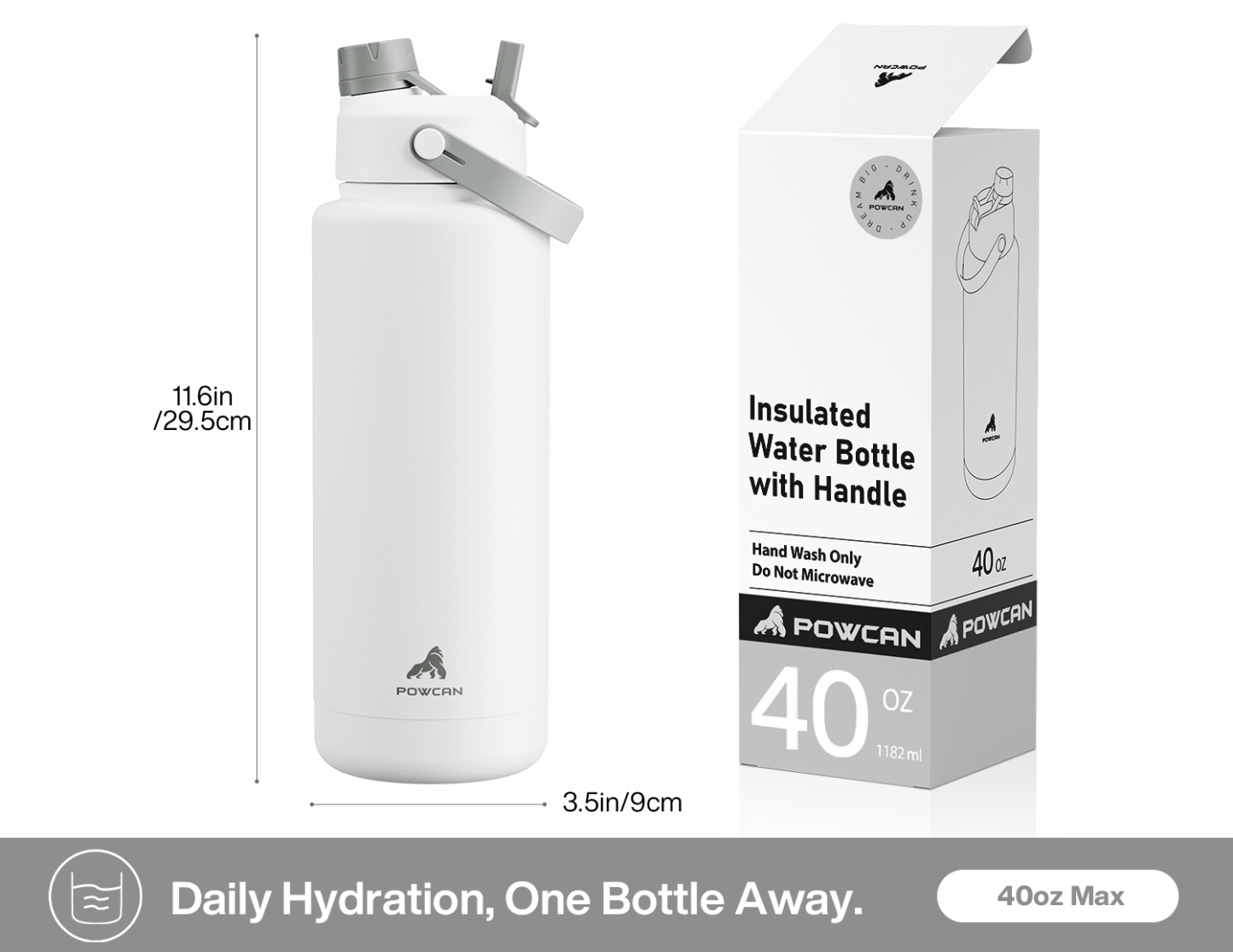 40 oz Insulated Water Bottle with 2-in-1 Straw and Spout Lid