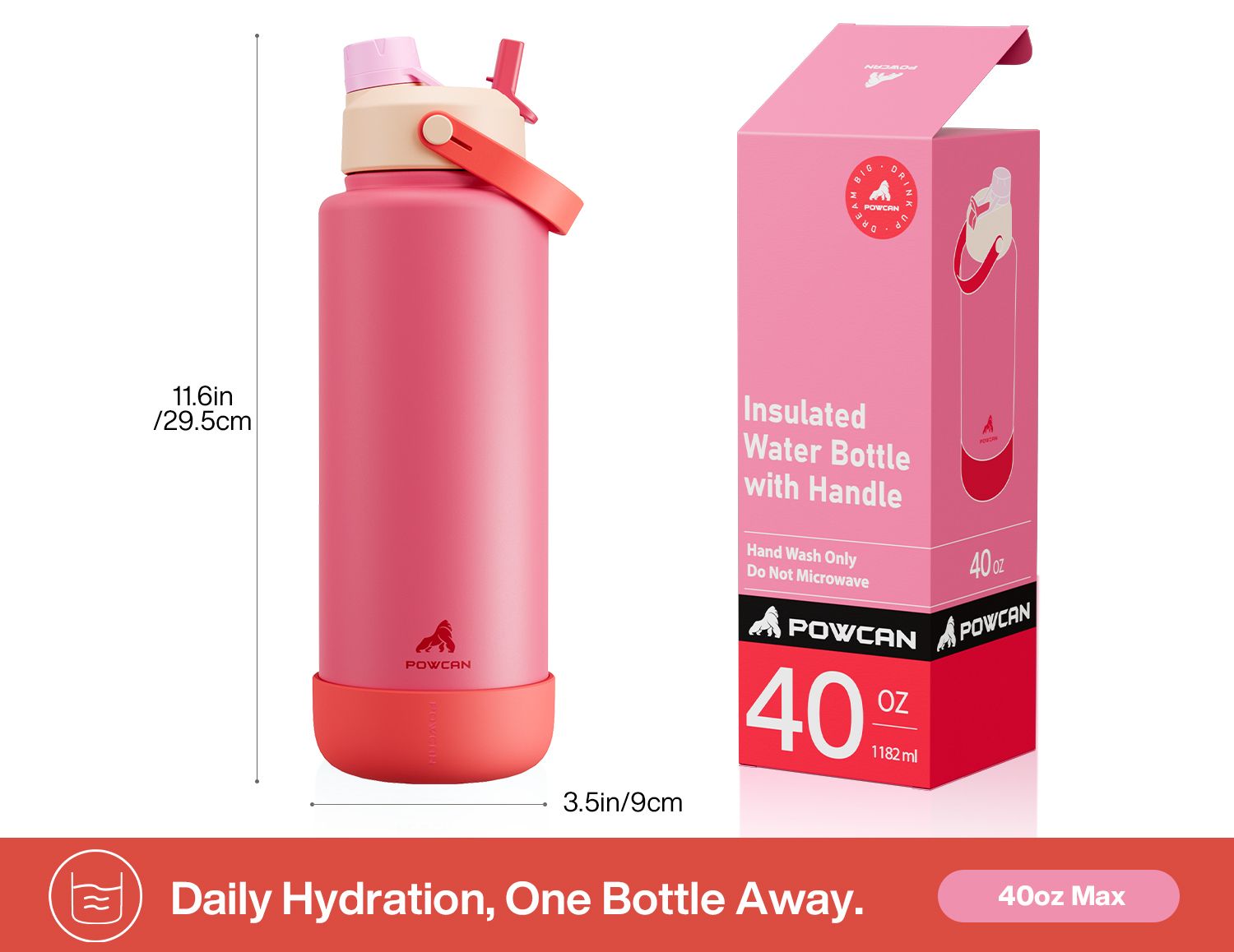 40 oz Insulated Water Bottle with 2-in-1 Straw and Spout Lid