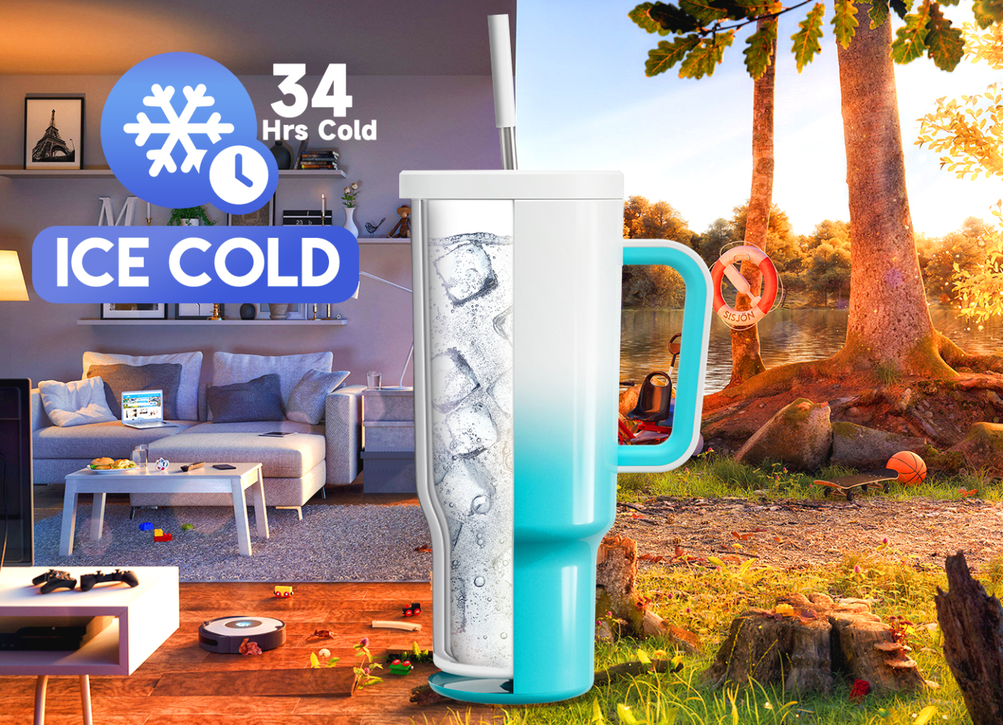 40oz Tumbler With Straw Gradient Collection-Blue White