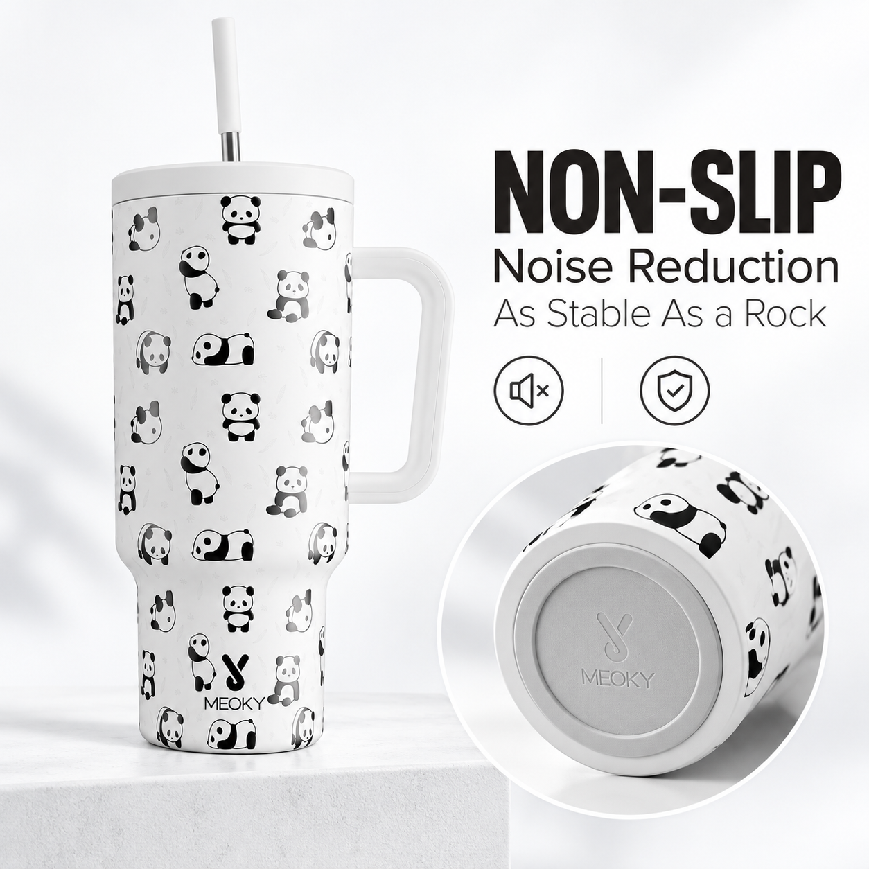 Meoky 40oz Cute Panda Print Insulated Tumbler with Handle & Straw