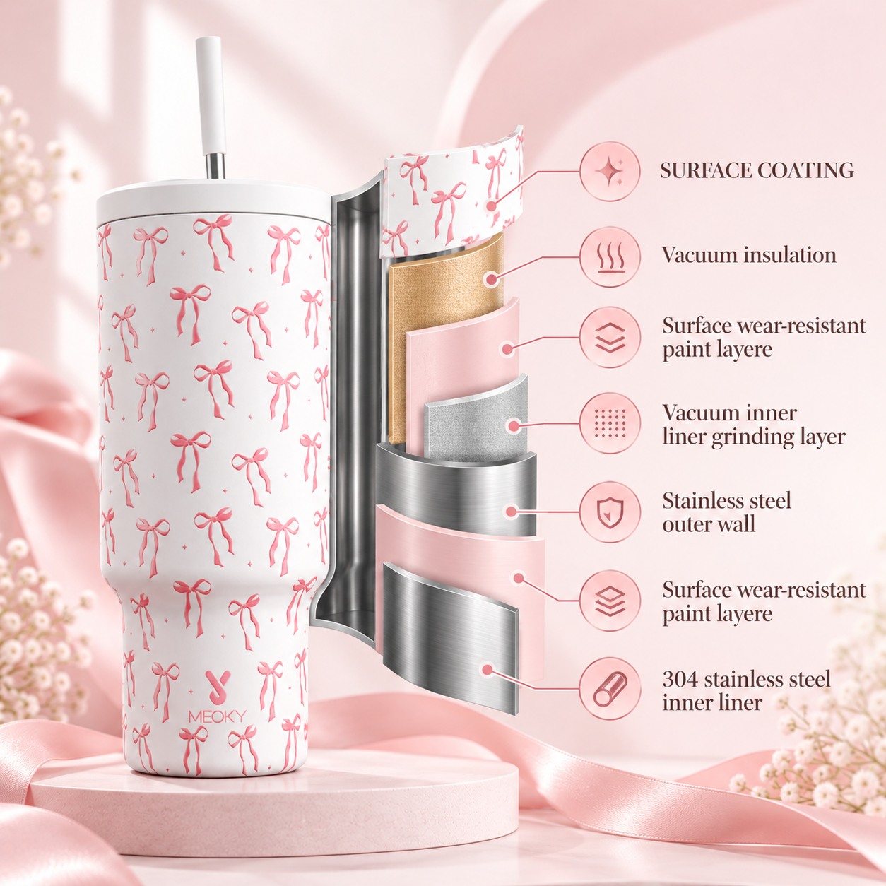 Meoky 40oz Pink Bow Print Insulated Tumbler with Handle & Straw