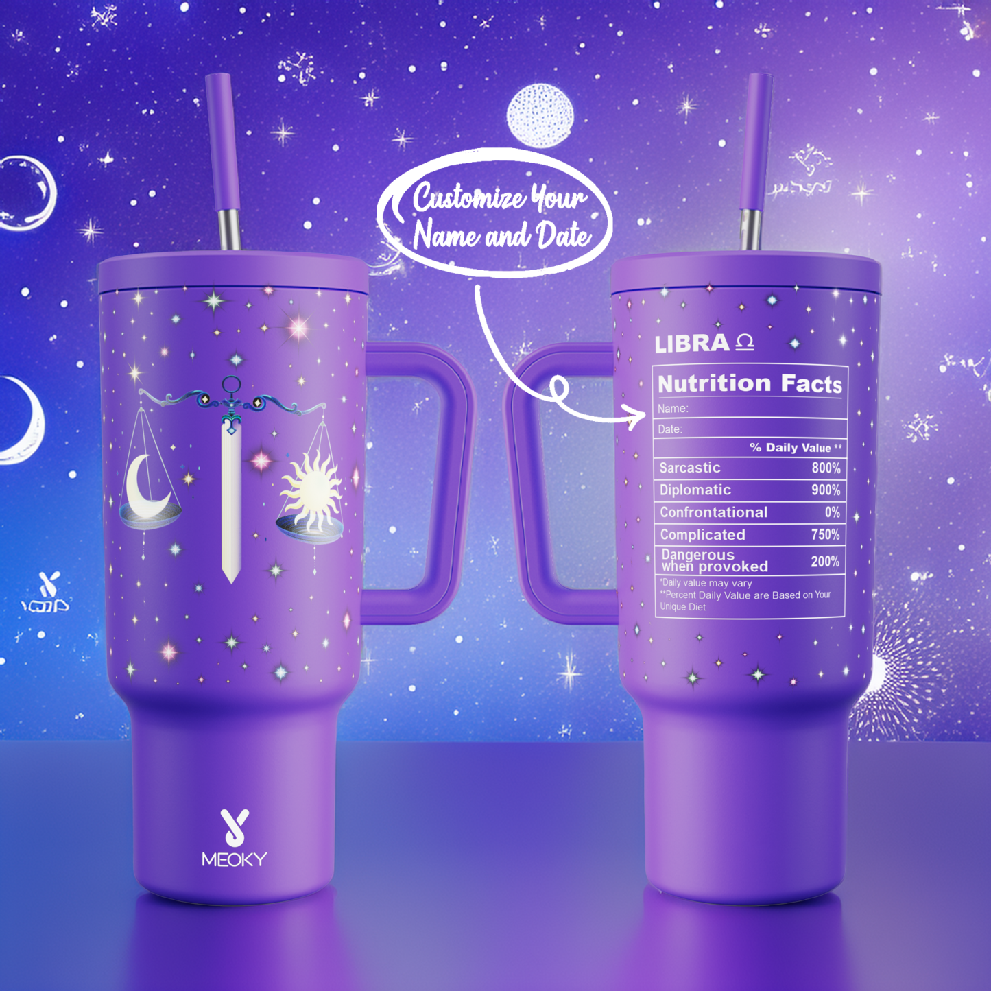 40oz Tumbler With Straw Customized - Zodiac Signs - Custom ID Card - Birthday gifts for yourself, friends, family and lover
