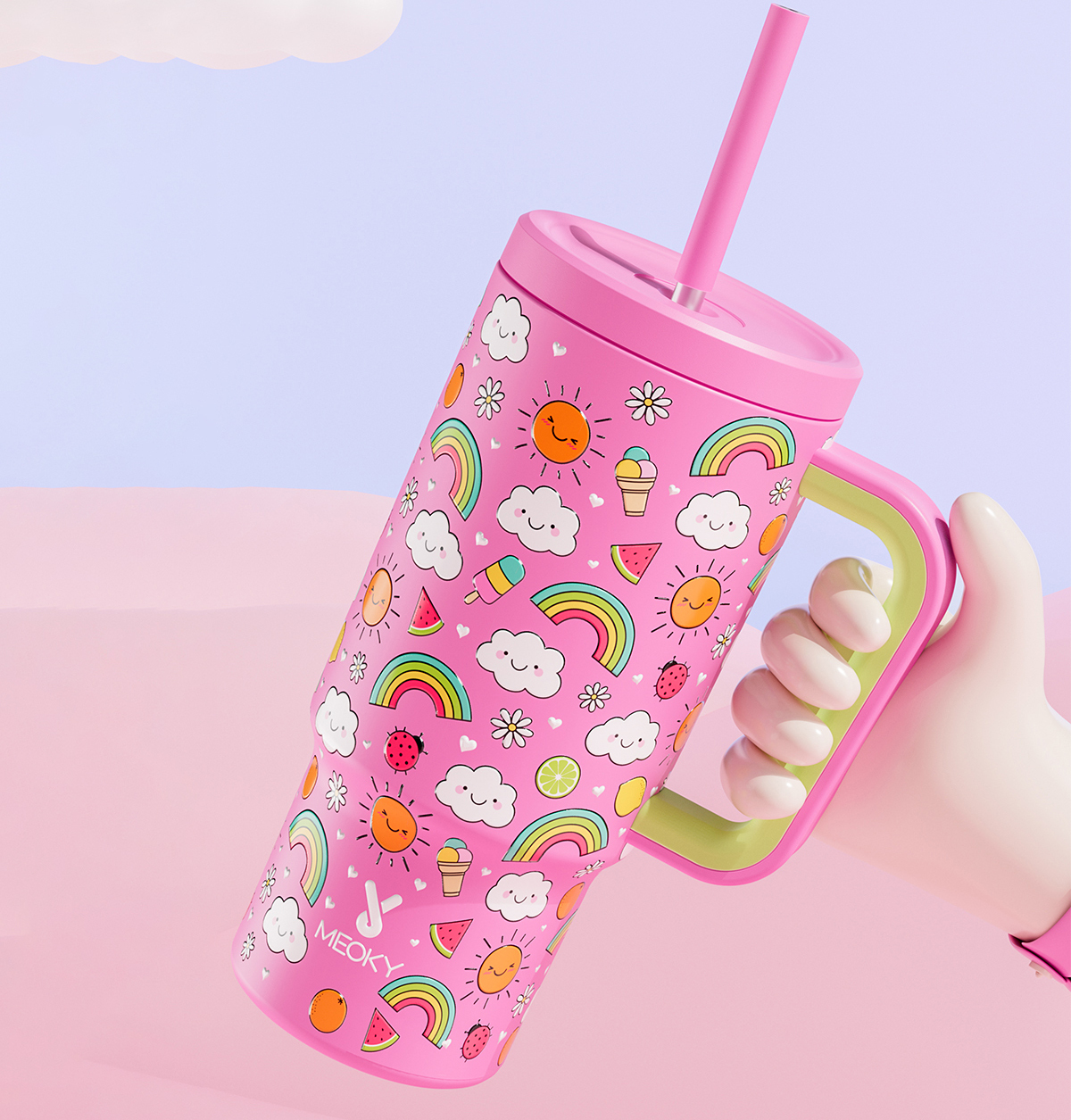 24oz tumbler straw fantasy pink white clouds