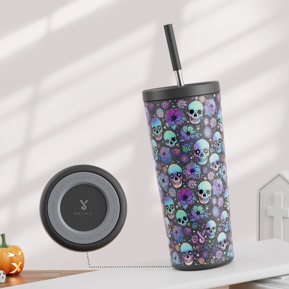 24oz cold cup 2 in 1 lid halloween black skull straw