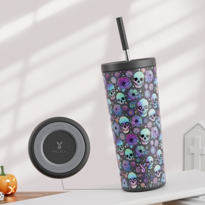 24oz cold cup 2 in 1 lid halloween black skull  straw