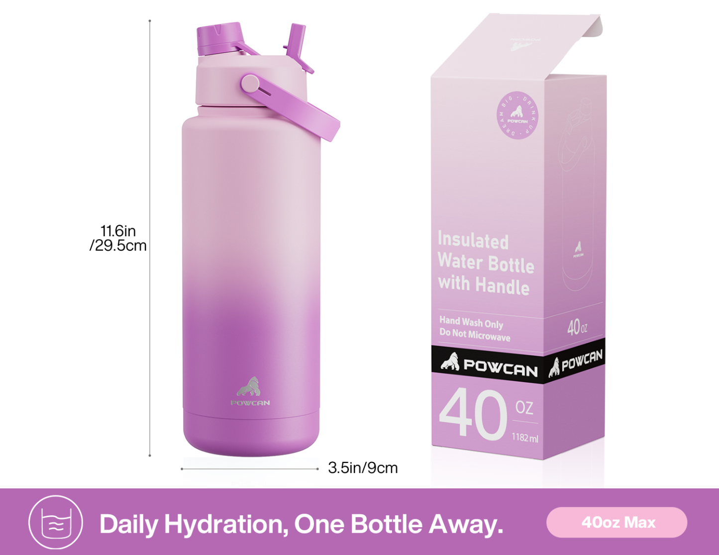 40 oz Insulated Water Bottle with 2-in-1 Straw and Spout Lid