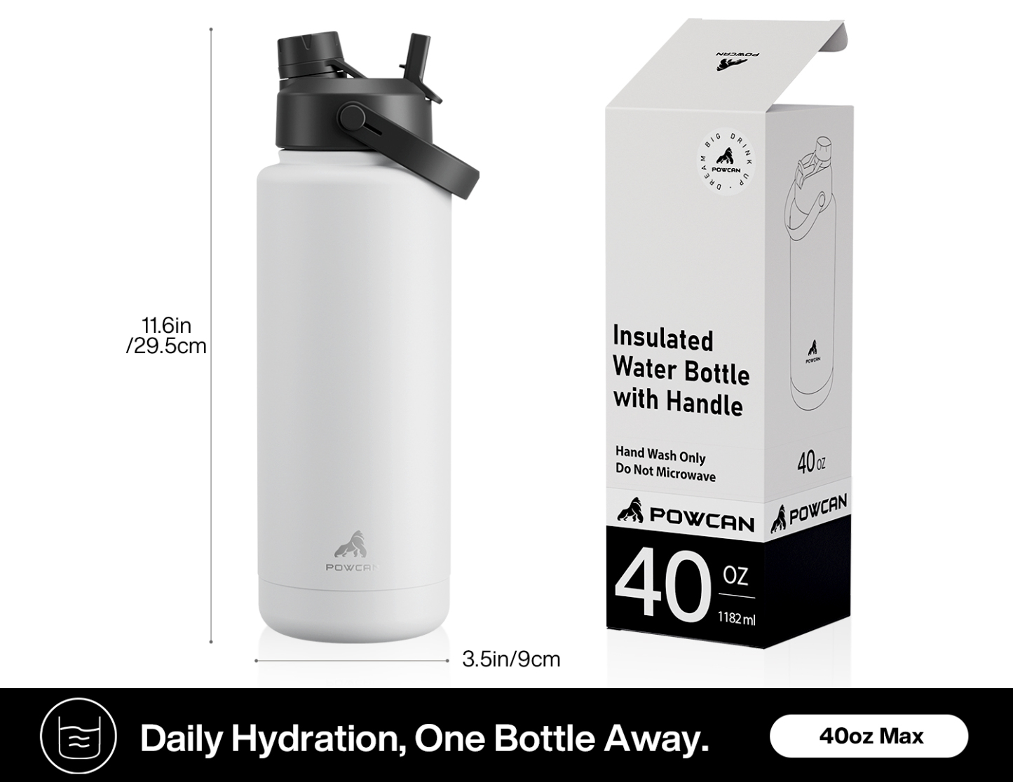 40oz Insulated Water Bottle with 2-in-1 Straw and Spout Lid Pure Collection, Keep Cold 24H, Leak-Proof