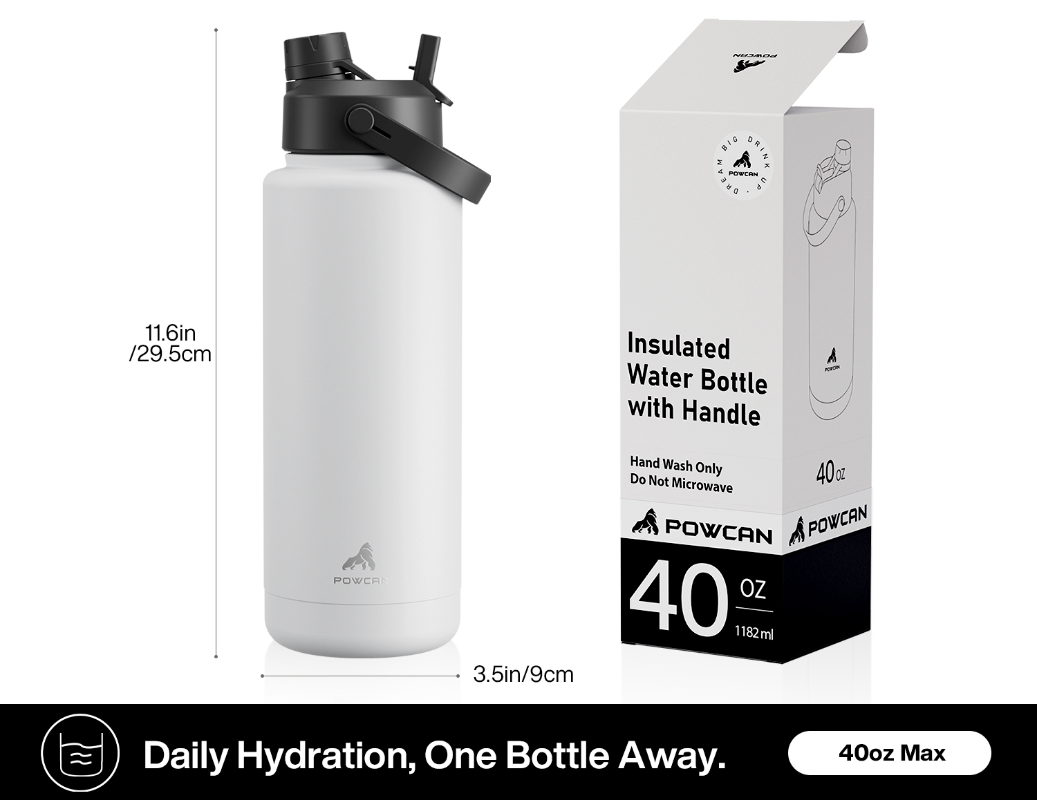 40oz Insulated Water Bottle with 2-in-1 Straw and Spout Lid Pure Collection, Keep Cold 24H, Leak-Proof
