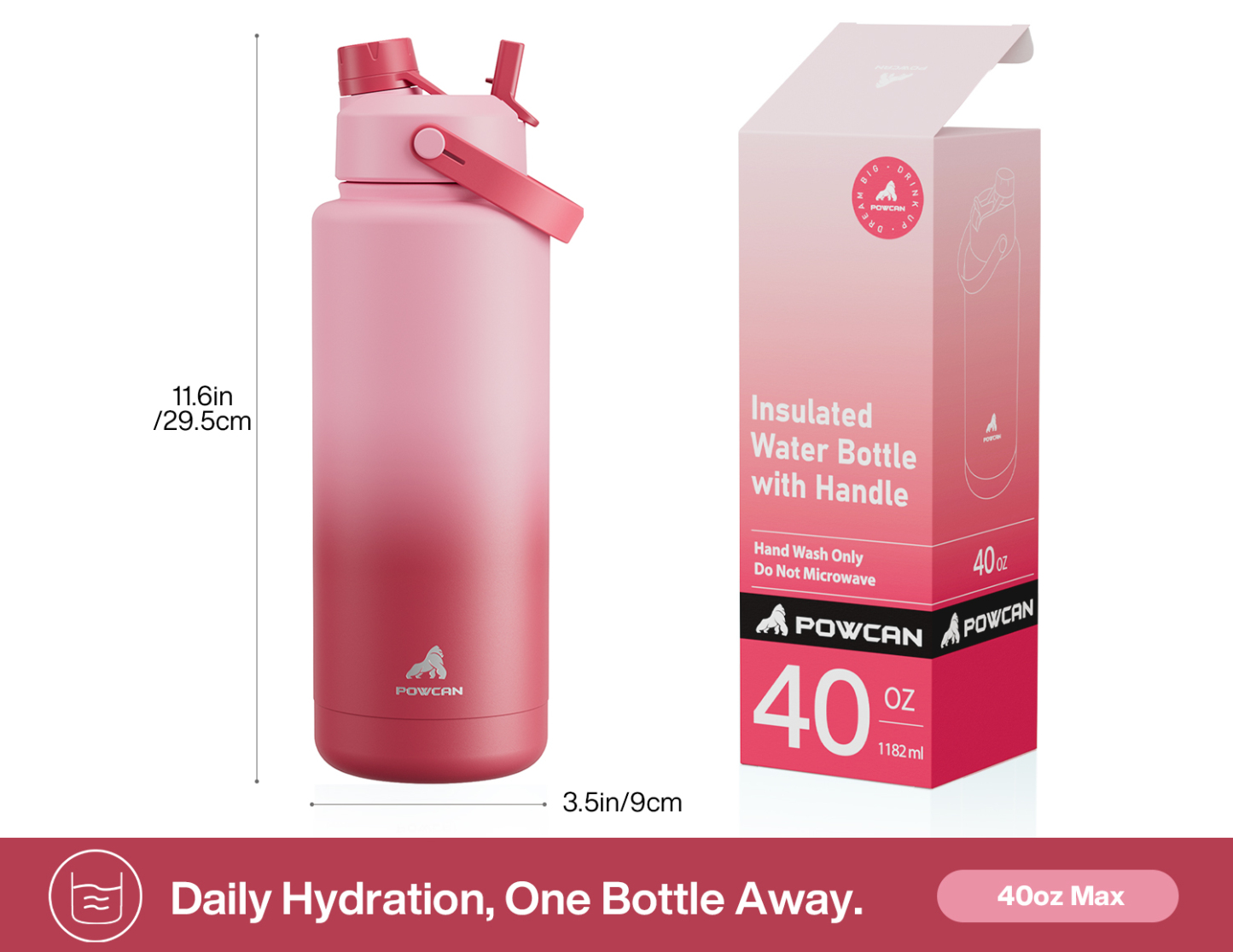 40 oz Insulated Water Bottle with 2-in-1 Straw and Spout Lid