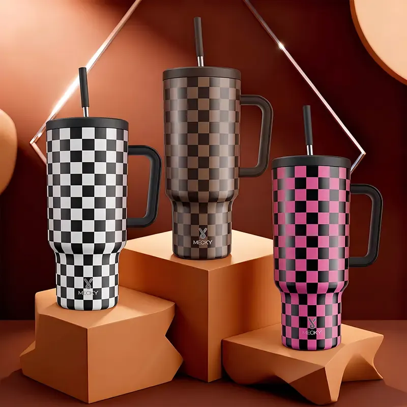 Meoky 40oz (1L) Black White Checkered Printed Stainless Steel Vacuum Flask