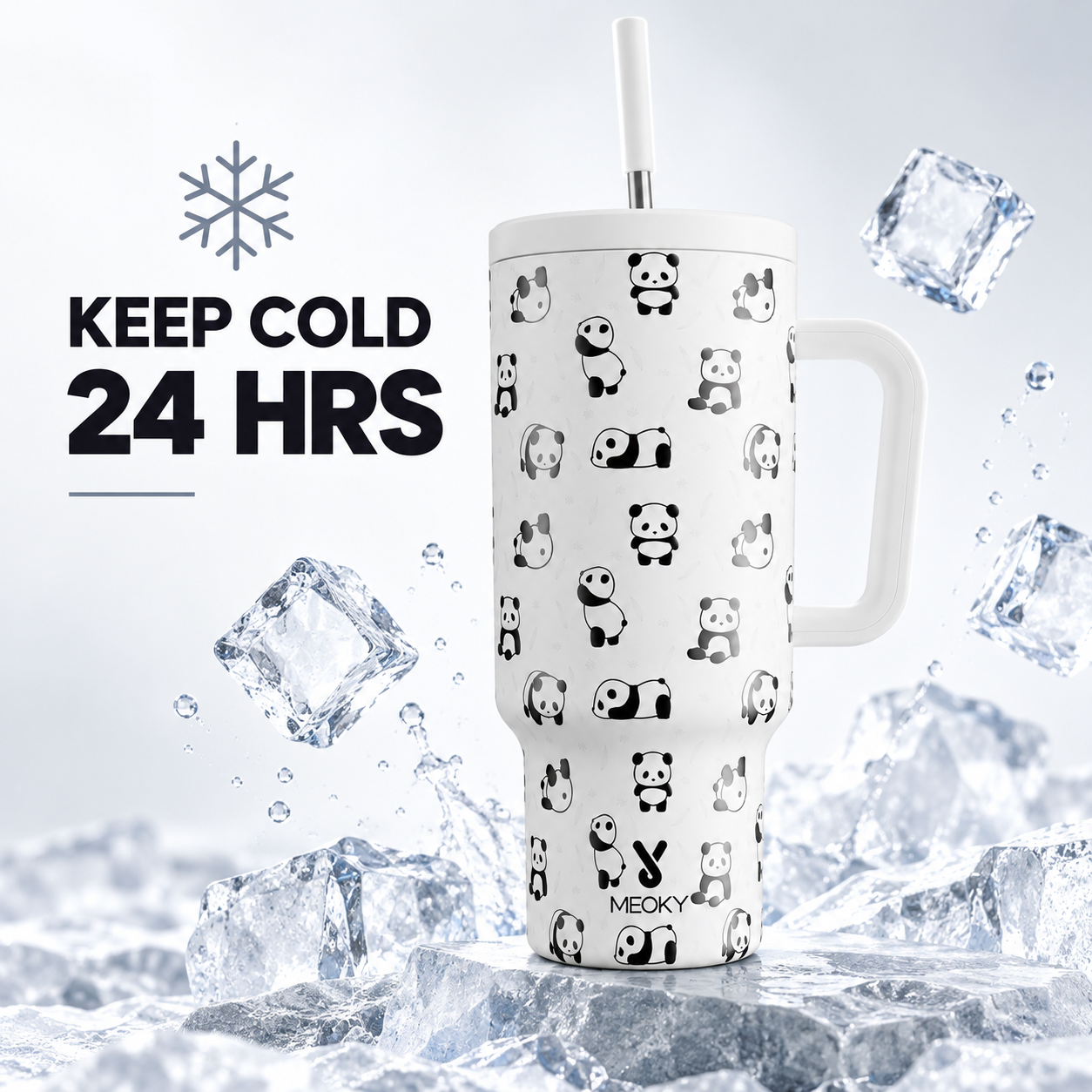 Meoky 40oz Cute Panda Print Insulated Tumbler with Handle & Straw