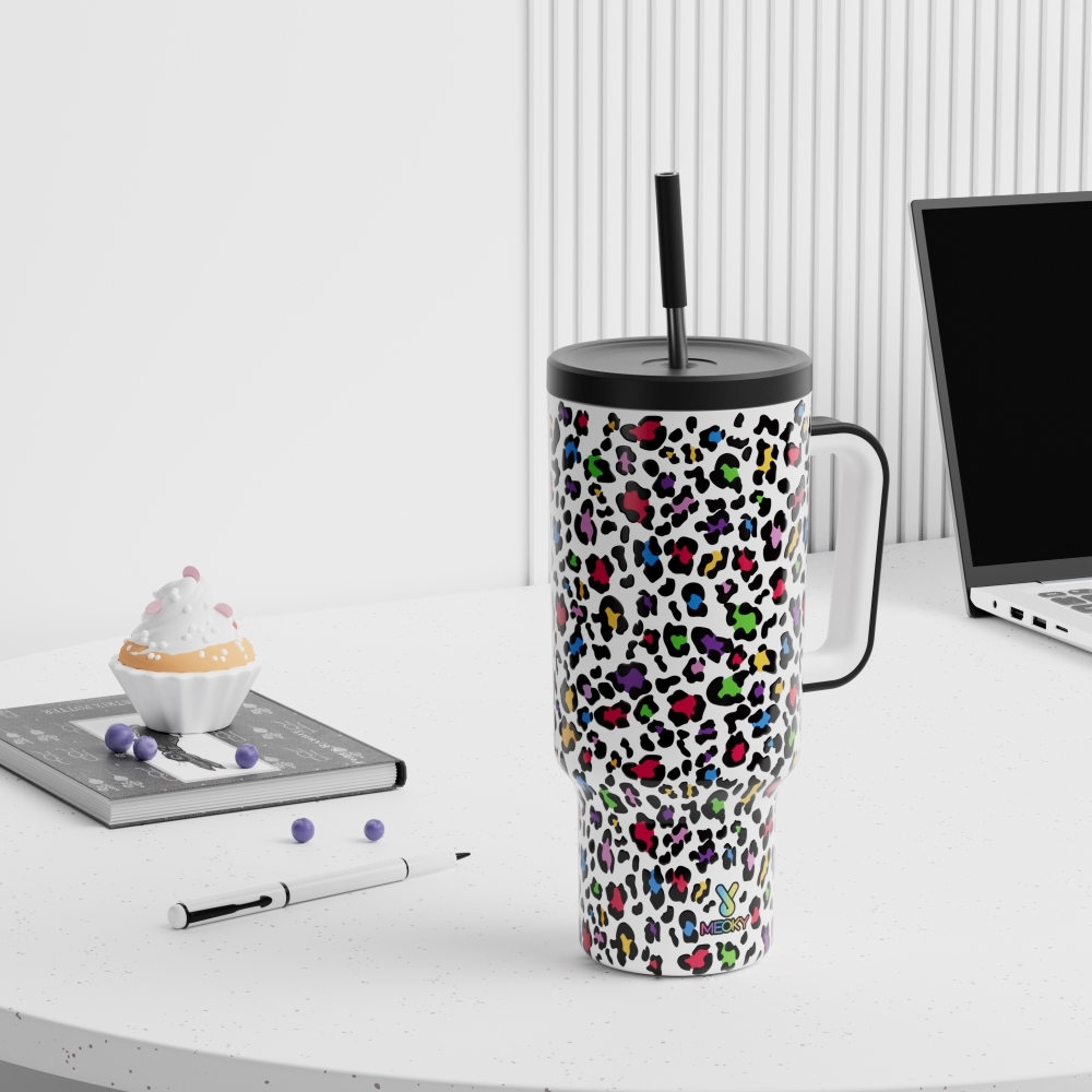 40oz Tumbler With Straw Animal Print Collection-White Color Leopard