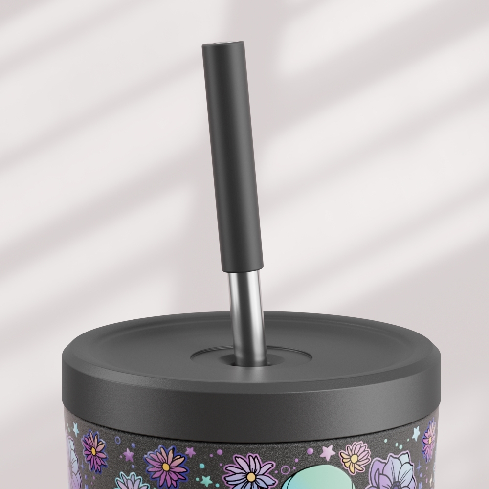 24oz cold cup 2 in 1 lid halloween black skull straw