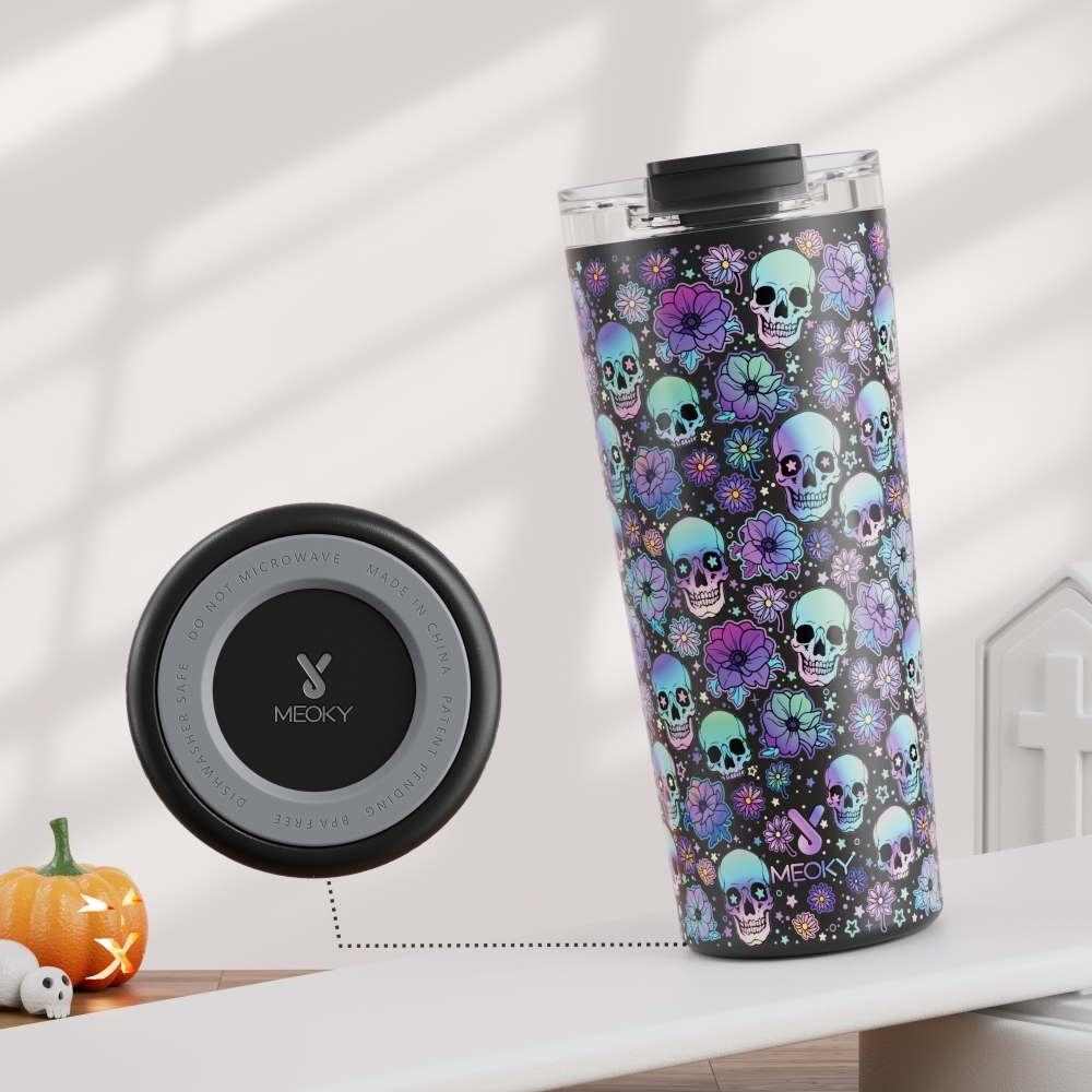 24oz cold cup 2 in 1 lid halloween black skull