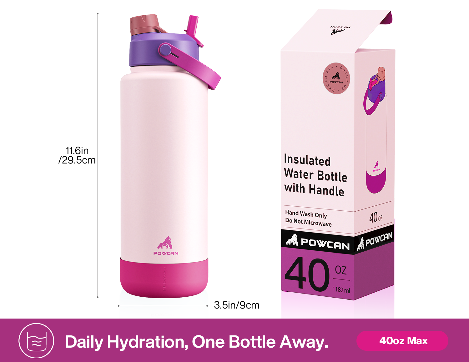 40 oz Insulated Water Bottle with 2-in-1 Straw and Spout Lid