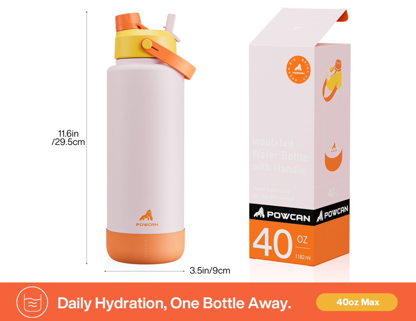 40 oz Insulated Water Bottle with 2-in-1 Straw and Spout Lid