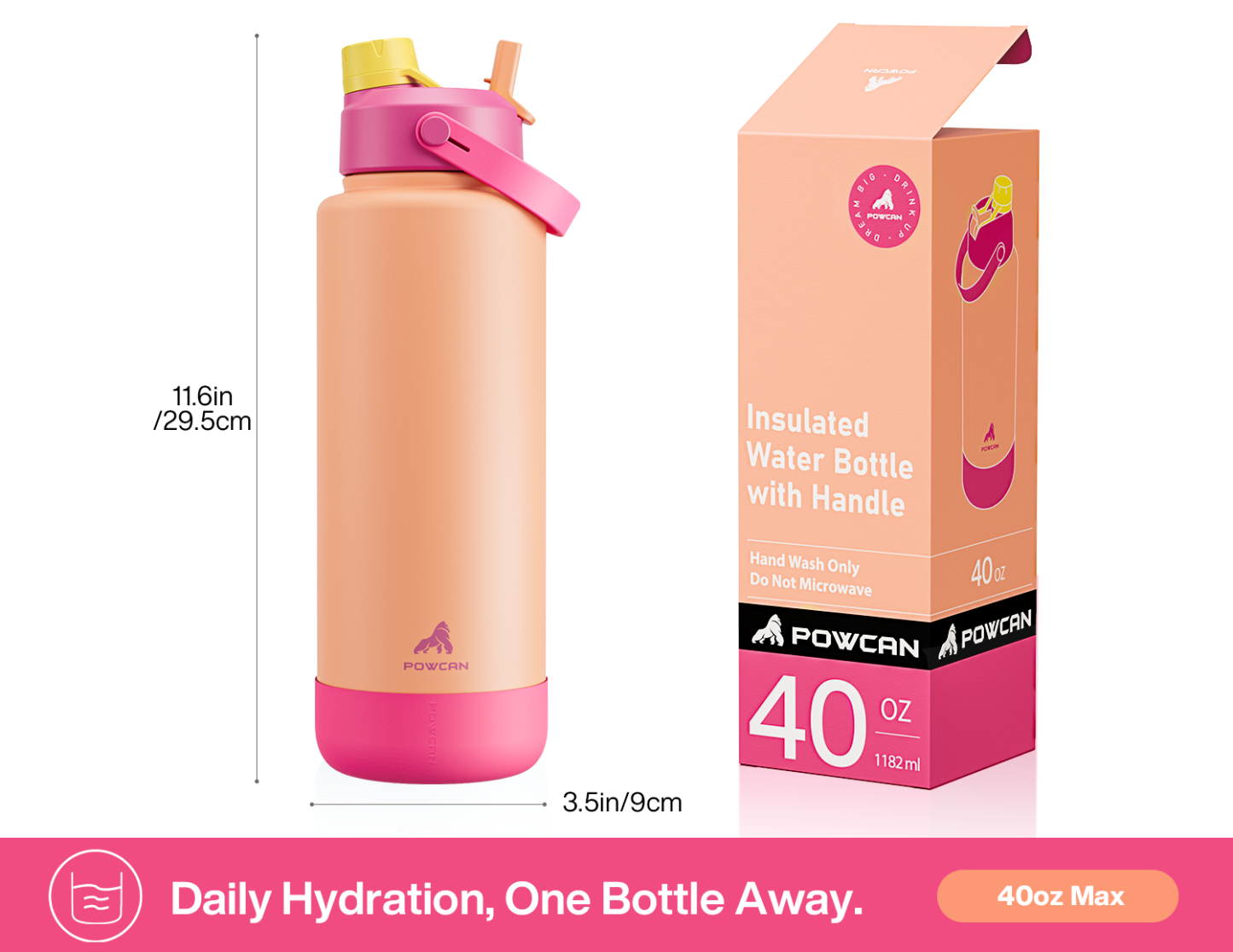 40 oz Insulated Water Bottle with 2-in-1 Straw and Spout Lid