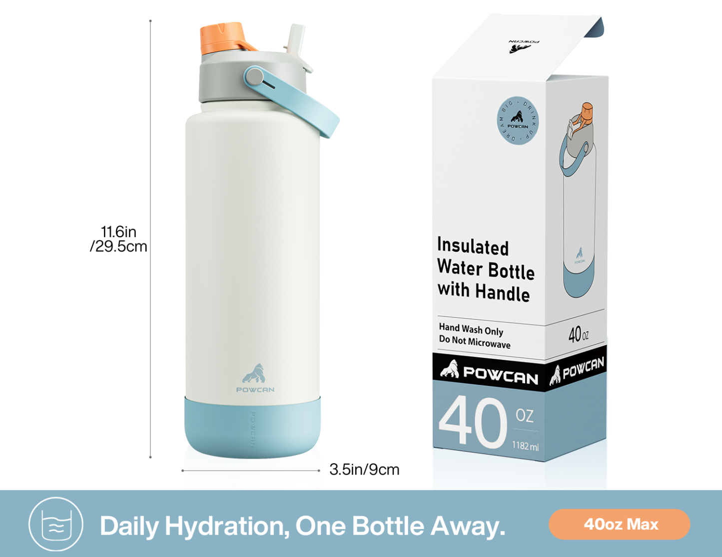 40 oz Insulated Water Bottle with 2-in-1 Straw and Spout Lid