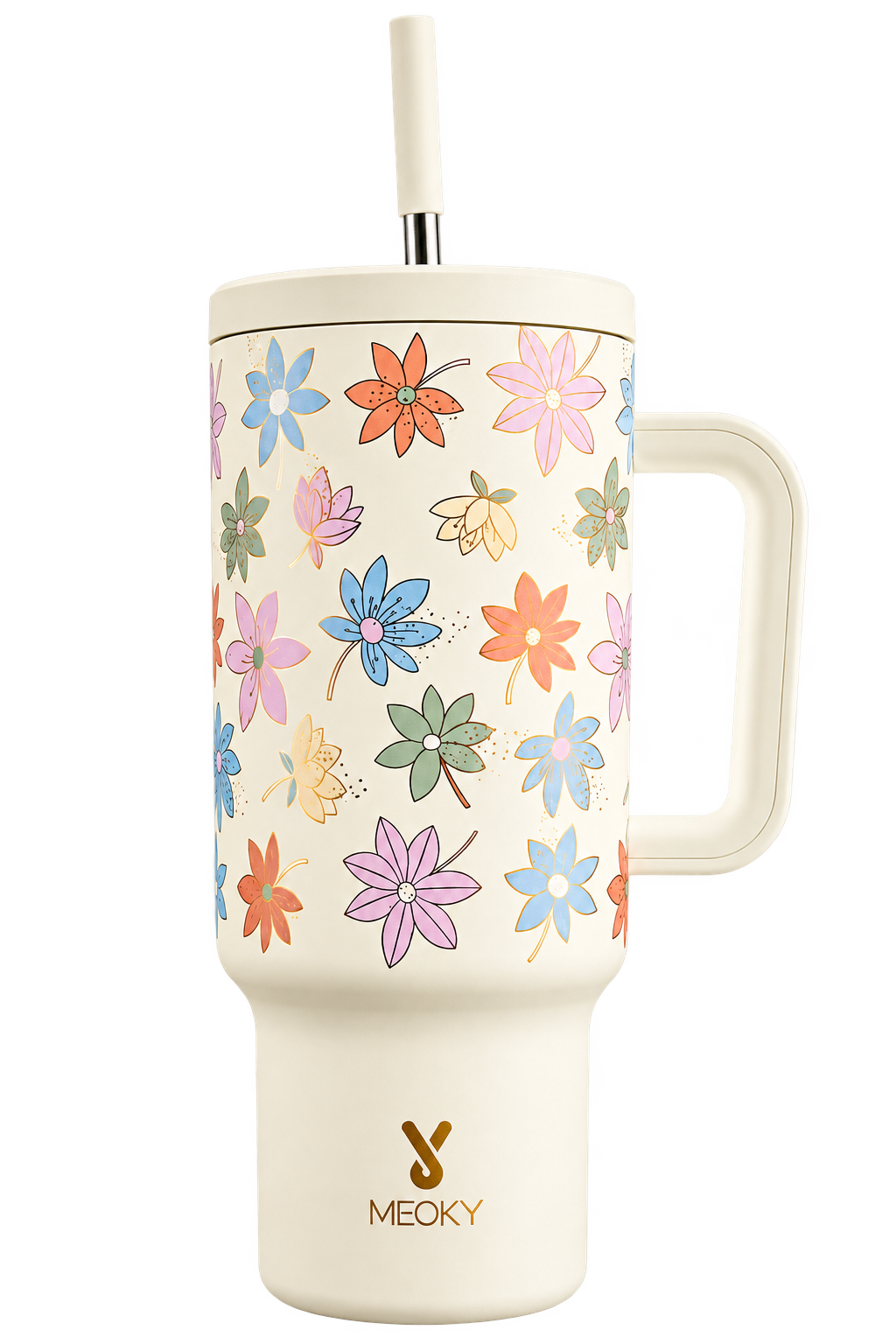 Meoky 40oz UV Color-Changing Floral Tumbler with Handle & Straw