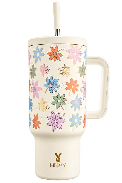 Meoky 40oz UV Color-Changing Floral Tumbler with Handle & Straw