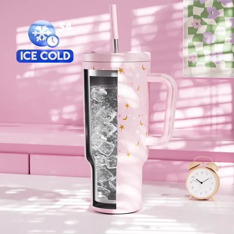 MEOKY 40oz Glow-in-the-Dark Star Print Blush Pink Leakproof Tumbler with Handle