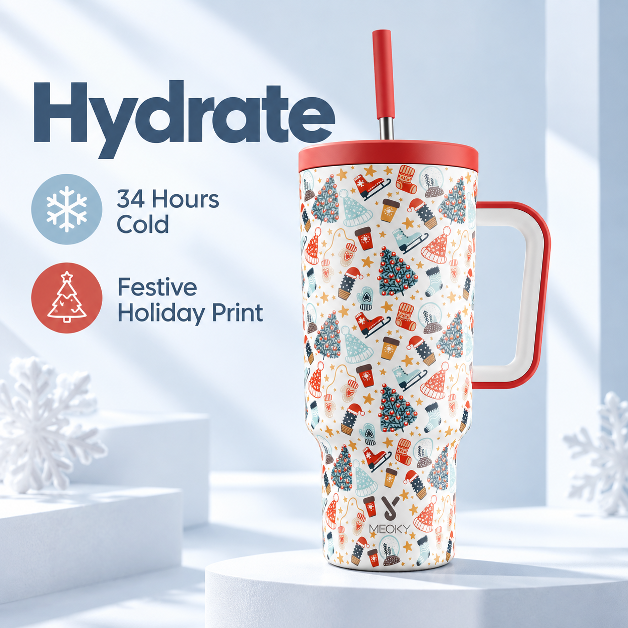MEOKY 40oz Christmas Tumbler with Handle & Straw – Stainless Steel Insulated Travel Cup, Leak-Proof Lid, Festive Holiday Print