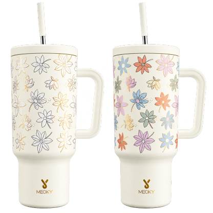 Meoky 40oz UV Color-Changing Floral Tumbler with Handle & Straw
