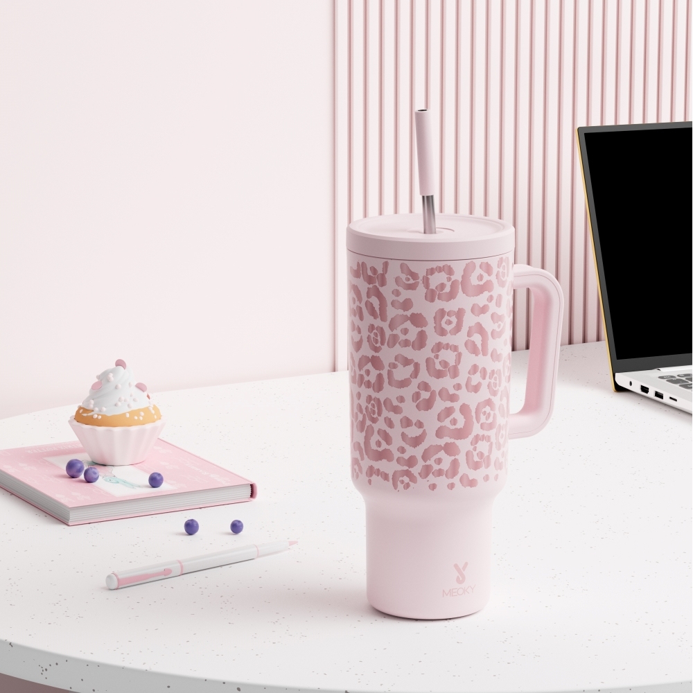 40oz Tumbler With Straw Animal Print Collection-Pink Leopard