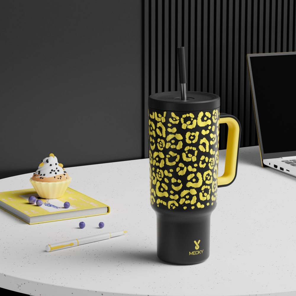 40oz Tumbler With Straw Animal Print Collection-Gold Leopard